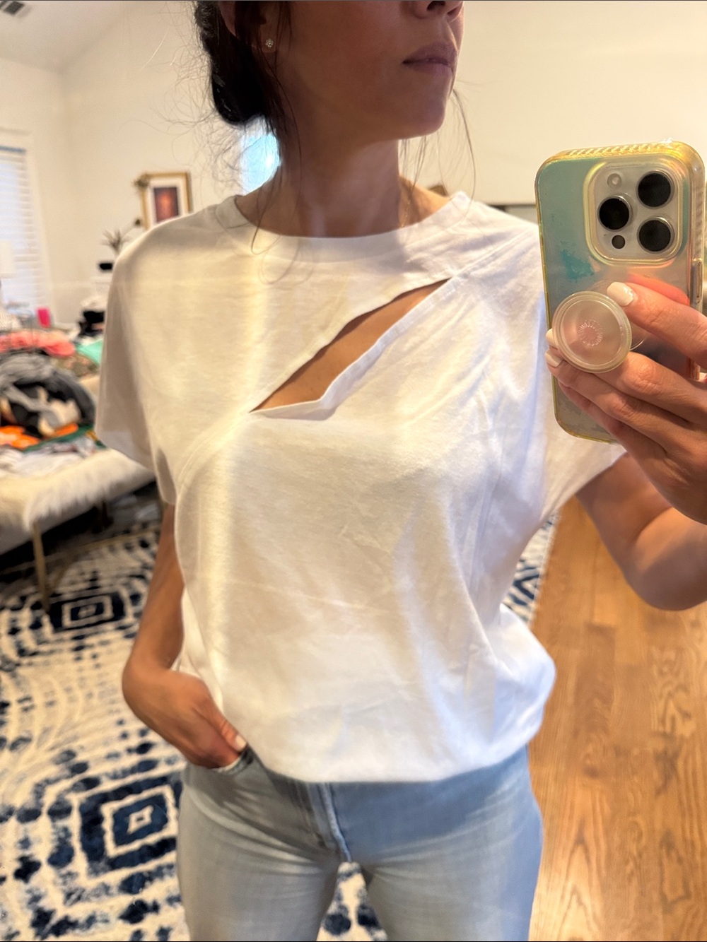 ALO Yoga White Short Sleeve Tee with Diagonal Cutout Detail